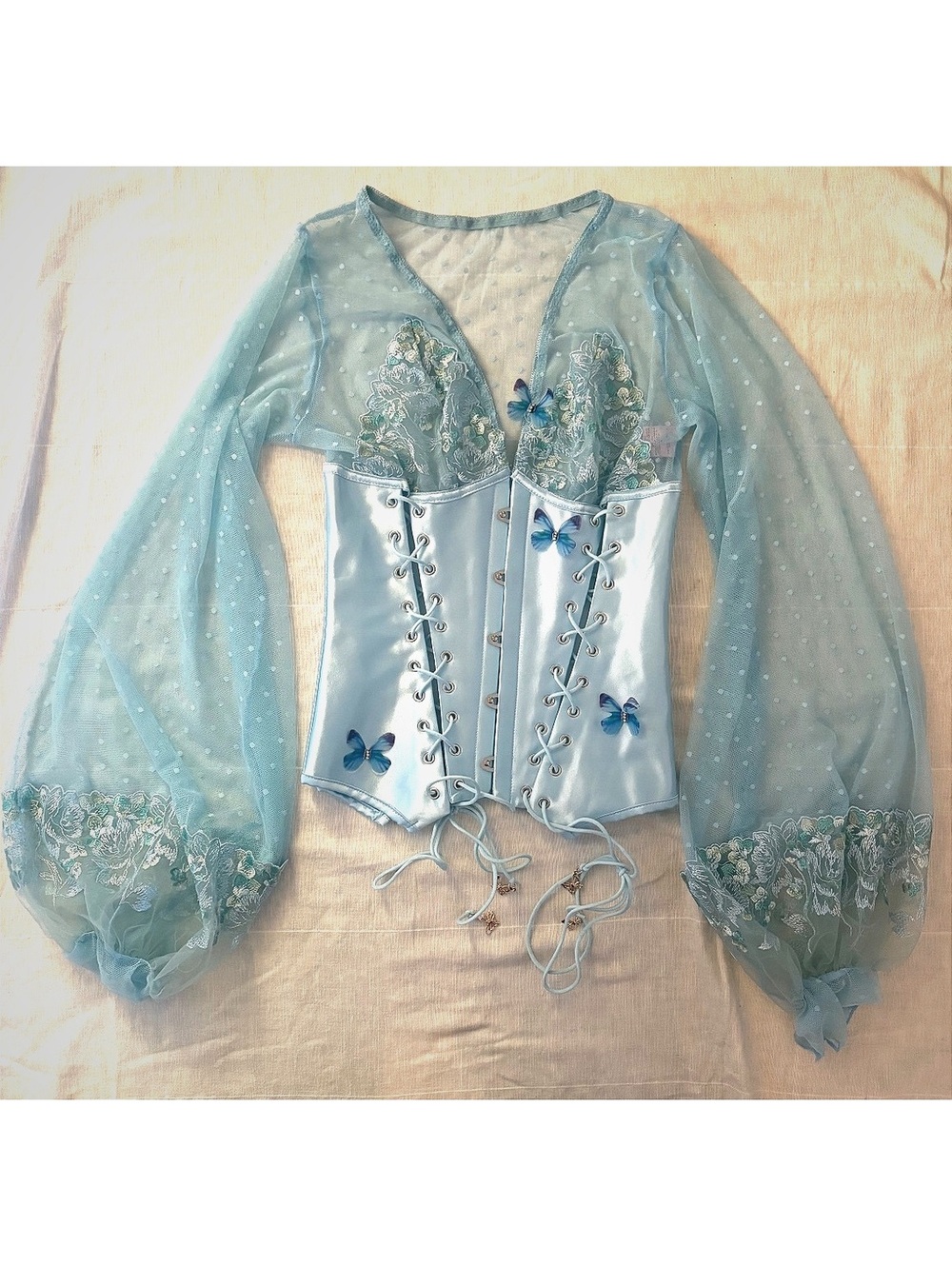 Empress Mimi Blue Sheer Satin Corset Top with Butterfly Embellishments #coquette